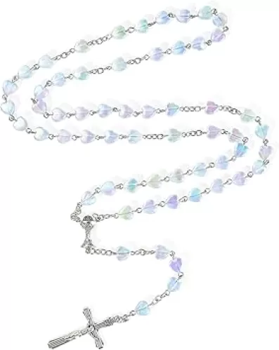 Rosary Beads Catholic Necklace for Women Crystal Heart Shaped Beads Rosary Necklace First Communion Christian Gifts Catholic Gifts(Colorful Clear)