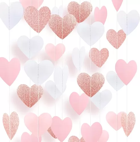 Rose-Gold Pink White Heart Garland Banner 4 Pack 52 Feet Women Girls Birthday Party-Decorations Hanging Paper Streamers for Mothers Day Baby Shower Engagement Wedding Pink Party Decoration