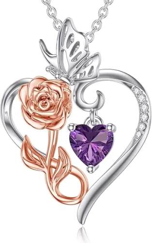 Rose Heart Birthstone Necklace for Women, 925 Sterling Silver Flower Infinity Love Heart Pendant Necklaces for Mom Wife Her Jewelry for Anniversary Christmas Mothers Day