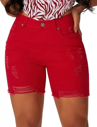 roswear Women’s Casual Summer Ripped High Waisted Shorts Stretch Distressed Frayed Raw Hem Jean Shorts