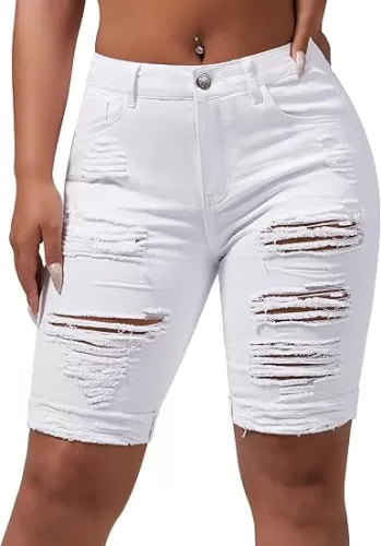 roswear Women's Mid Rise Ripped Stretchy Knee Length Bermuda Denim Shorts
