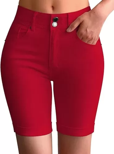 roswear Women's Mid Rise Skinny Butt Lifting Stretchy Bermuda Jeans Shorts