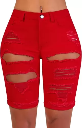 roswear Women's Ripped Denim Destroyed Mid Rise Stretchy Bermuda Shorts Jeans