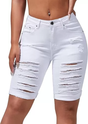 roswear Women's Ripped Stretchy Mid Rise Denim Bermuda Shorts Curvy Folded Hem Long Jean Shorts