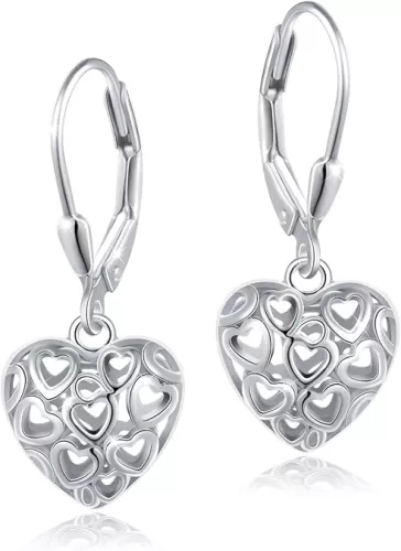 S925 Sterling Silver Heart Dangle Drop Leverback Clasp Lever back Earrings for Women Jewelry