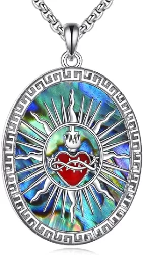 Sacred Heart Necklace Sterling Silver Christian Amulet Medal Pendant Jesus Christ Divine Love Flame Devotional Jewelry Gift for Women Men