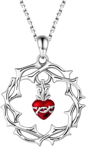 Sacred Heart of Jesus Necklace 925 Sterling Silver-Thorns Cross Pendant God's Love Jewelry-Flaming heart Amulet Gifts for Women