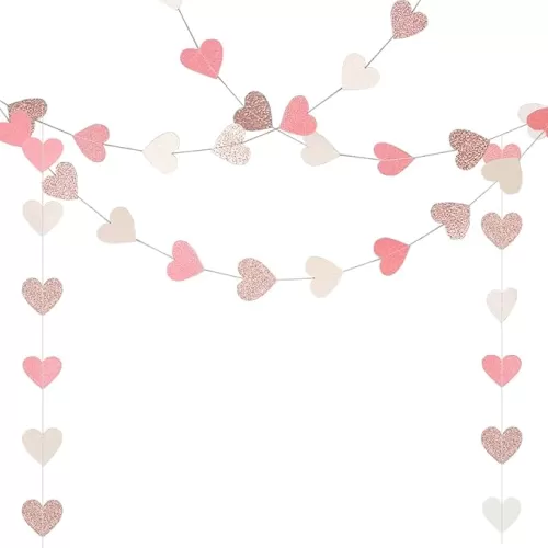 Sparkly Heart Hanging String Garland, Paper Heart Garland Streamers for Bachelorette Birthday Party Decorations Baby Shower Anniversary Bridal Shower Decorations, Rose Gold Pink White