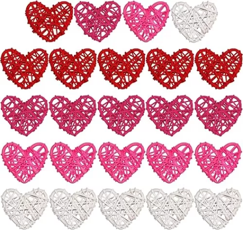STMK Natural Rattan Decorative Balls, 24 Pcs 2.36" Heart Shaped, for Valentine's Day Decor, DIY Vase Bowl Filler, Wedding Decoration (Red, Rose, Pink, White)