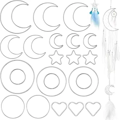 Syhood 22 Pieces Dream Catcher Rings Metal Macrame Hoops Round Star Moon Heart Shape Macrame Rings for DIY Crafts Dream Catcher Making Home Wall Hanging Wreath Decoration (Silver)