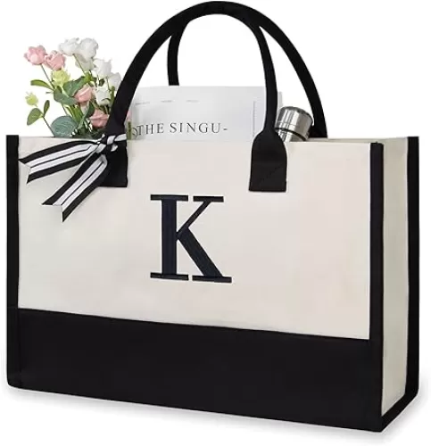TOPDesign Embroidery Initial Canvas Tote Bag, Personalized Present Suitable for Wedding, Birthday, Beach, Holiday, is a Great Gift Women, Mom, Teachers, Friends, Bridesmaids (Letter K)