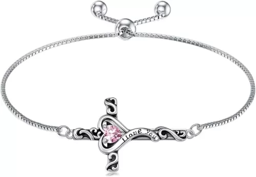 TOUPOP Birthstone Cross Bracelet for Women 925 Sterling Silver Cross Heart Bracelet I Love You Jewelry Birthday Christmas Gifts for Her Girlfriend Wife