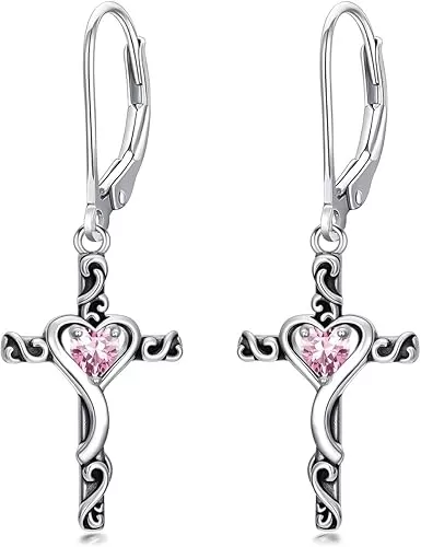 TOUPOP Birthstone Cross Earrings 925 Sterling Silver Heart Cross Dangle Drop Earrings Fine Jewelry Birthday Christmas Gifts for Women Her Girlfriend