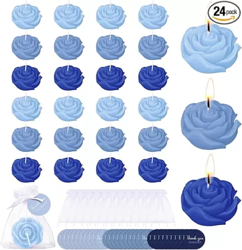 Treela 24 Set Flower Candles Wedding Favor for Guests Mini Blue Rose Shaped Tealight Candles for Return Gift Wedding Birthday Bridal Shower Housewarming Party
