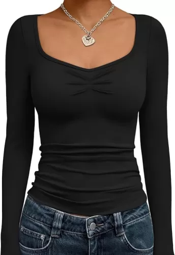 Trendy Queen Womens Long Sleeve Shirts Going Out Crop Tops Sweetheart Neck Workout Tops