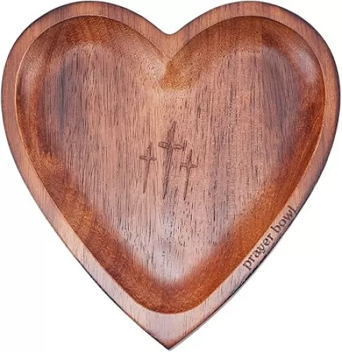 UNICRAFTALE Heart Prayer Bowl Wooden Prayer Bowl with Cross Christian Gifts for Women Heart Curved Shaped Decorative Bowl Resin Prayer Dough Bowl for Home Party Wedding Decoration 9.09"x8.66"x0.87"