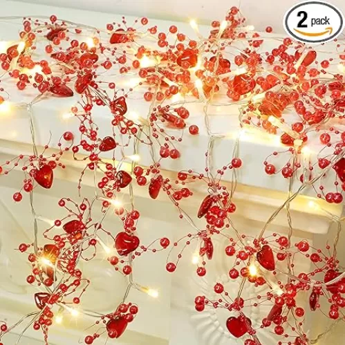 Valentine Decorations 10 FT Fairy String Lights, 30 LEDs Red Berry Beaded Heart Shaped String Lights, Battery Operated Valentine Lights for Mother