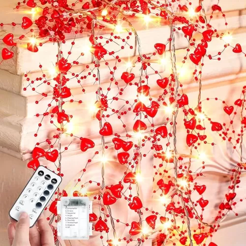 Valentine‘s Day Decor 13ft 40 LED Heart String Lights Valentine‘s Day Garland with Hearts and Beads Battery Operated Romantic Valentine‘s Day Decoration for Holiday Party Wedding(Red)