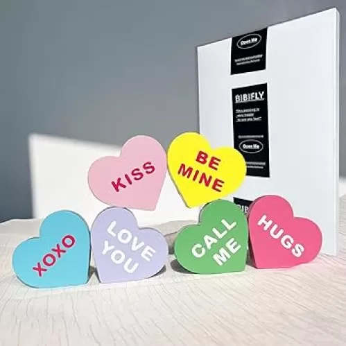 Valentines Day Decor Wooden 6 Pcs Heart Table Decorations Signs Classic Valentine Wood Colorful Conversation Hearts Tiered Tray Blocks Centerpiece Decoration for Home, Tabletop, Mantel, Office