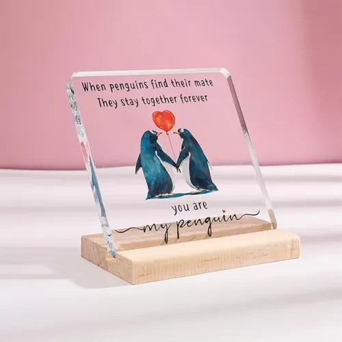 Valentines Day Gift for Her Him - Wedding Anniversary Acrylic Plaque Keepsake - Romantic I Love You Gifts for Couple Wife Husband Girlfriend Boyfriend Fiancee (Penguin)