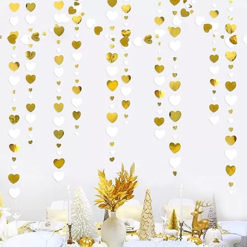 Valentines Day Party Decorations White and Gold Heart Garland Hanging Love Heart Streamer Banner for Anniversary Bachelorette Mothers Day Engagement Wedding Bridal Shower Birthday Party Supplies