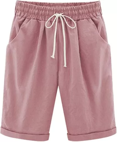 Vcansion Women's Elastic Waist Knee Length Casual Cotton Bermuda Shorts with Drawstring
