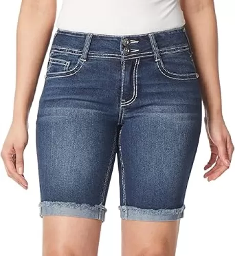 WallFlower Women's Luscious Curvy Denim Shorts Mid-Rise Bling and Belted Insta Stretch Juniors (Standard and Plus)