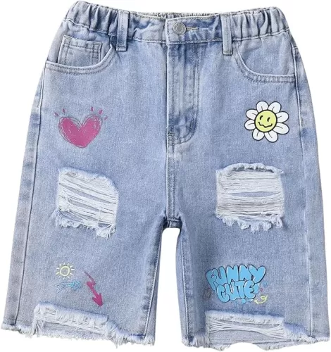 WDIRARA Girl's Cute Graphic Ripped Bermuda Denim Shorts Elastic High Waist Raw Hem Jean Shorts