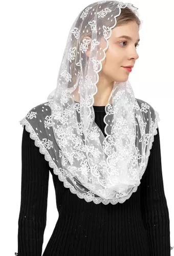 Wgior Embroidered Lace Chapel Veil Infinity Mantilla Veils Catholic Church veil Latin Mass Head Covering Scarf