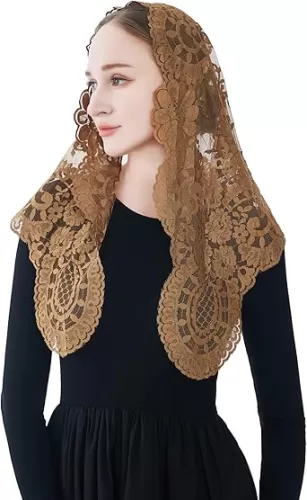 Wgior Embroidered Triangle Catholic Church Mantilla Veils Floral Lace Scarf Shawl Mass Chapel Veil