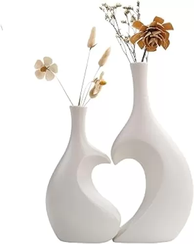 White Ceramic Vase Set of 2, Heart Shaped vase, Matte Frosted Texture Finish, Farmhouse Decor, Home Decor, Vases for Your Bedroom, Office, Living Room, Bathroom (White)