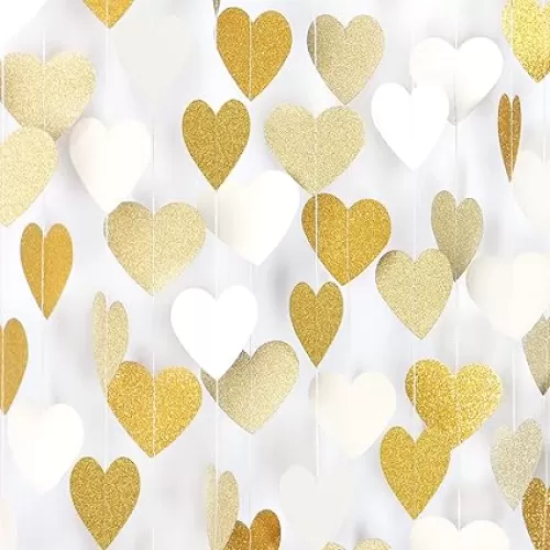 White-Gold Champagne Party-Decorations Heart Streamers Garland - 52Ft Christmas Wedding Engagement Hanging Paper Banner, Bachelorette Neutral Baby Bridal Shower Decor Banners Lasting Surprise