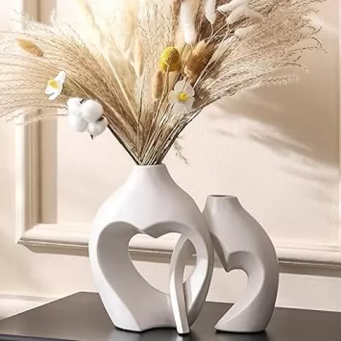 White Vases for Decor, Heart Shaped Ceramic Vase Set of 2, Nordic Modern Heart Vases, Minimalist Decorative Vase for Table Centerpiece Wedding Living Room House Decoration