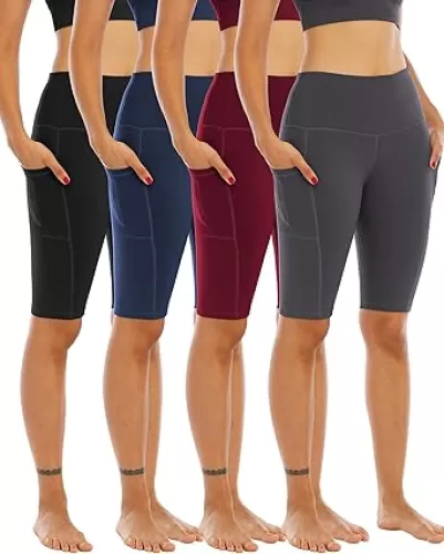 WHOUARE 4 Pack Biker Yoga Shorts with Pockets for Women, High Waisted Athletic Running Workout Gym Shorts Tummy Control