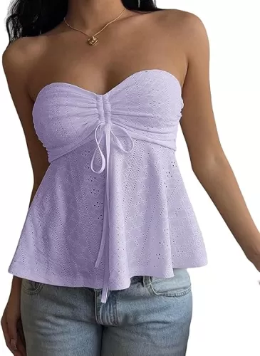 Women Boho Eyelet Ruched Tie Sweetheart Neck Peplum Crop Tube Tops Y2k Strapless Babydoll Bandeau Tank Shirts