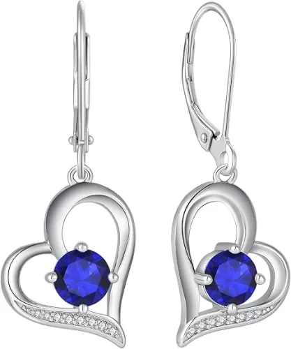 Women Heart Earrings 925 Sterling Silver Love Heart Dangle Drop Earrings Round Birthstone Jewelry
