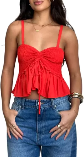 Women Spaghetti Strap Crop Tops Ruched Tie-Up Sweetheart Neck Sleeveless Babydoll Shirts Tops