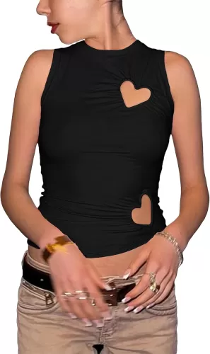 Women Y2k Love Heart Cut Out Ruched Crop Tank Tops Tight Fitted Crewneck Asymmetrical Vest Clean Girls Coquette