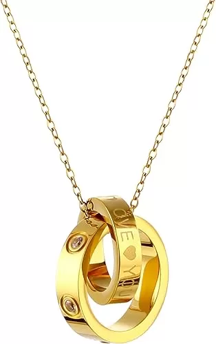 Women's Cubic Zirconia Round Necklace, 18K Gold Stainless Steel Heart-Shaped Double Ring Necklace, Suitable for Birthdays, Anniversaries, Valentine's Day, Mother's Day Gifts