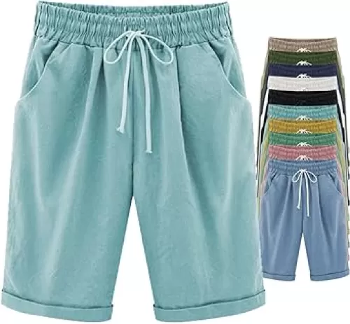 Women's Knee-Length Bermuda Casual Shorts with Elastic Waist Drawstring