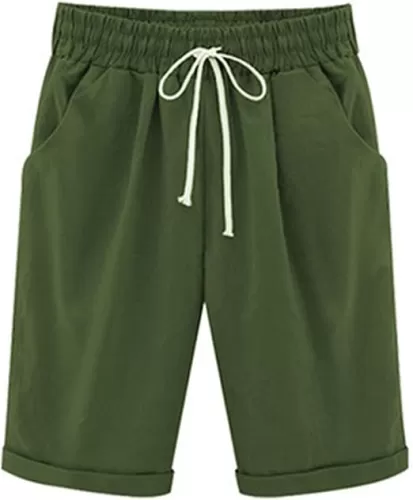 Women's Plus Size Drawstring Elastic Waist Knee Length Summer Casual Beach Cotton Linen Bermuda Shorts with Pockets
