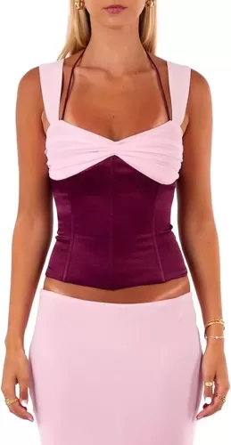 Women‘s Satin Corset Tank Tops Contrast Color Patchwork Back Lace-up Crop Tops Sweetheart Neck Slim Fit Camisole