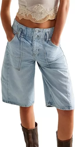 Women's Summer Blue Denim Bermuda Shorts, Casual, Loose Fit, High Waist, Knee Length, 28 Inseam