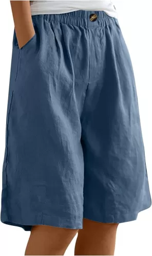 Womens Wide Leg Linen Shorts Knee Length Bermuda Shorts Casual Loose Long Shorts Elastic Waist Baggy Pocket Shorts