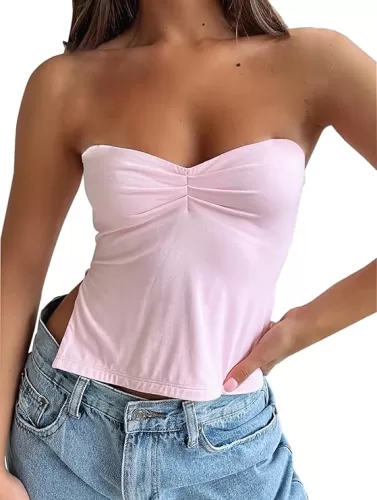 Women’s Y2K Pleated Bustier Strapless Sweetheart Bandeau Tube Crop Tank Summer Sleeveless Slit Going Out Crop Top