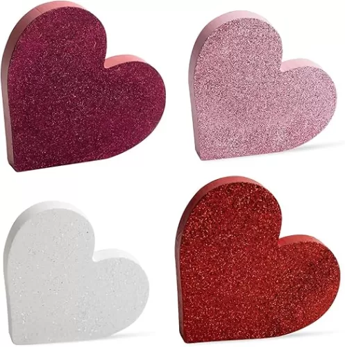Wooden Hearts Valentines Decorations Indoor, Wood Heart Blocks Tiered Tray Decor Set of 4, Red Pink White Valentine Decoration for Home Party Office Shelf Door (Shinny)