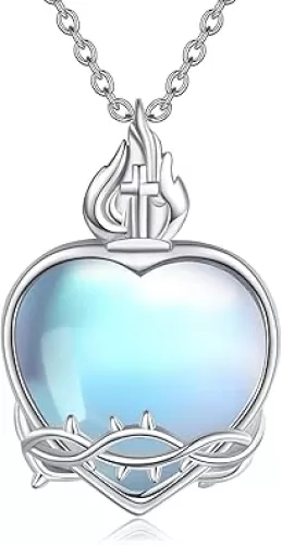 YAFEINI Sacred Heart of Jesus Necklace 925 Sterling Silver Moonstone Catholic Mother