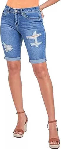 YMI Women's Junior Wannabettabutt Cuffed Rise Bermuda Mid Length Denim Shorts