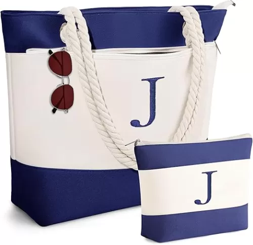 YOOLIFE Beach Bags for Women - Initial Canvas Tote Waterproof Bag with Makeup Bag Gifts for Women Mom Friend Birthday Her