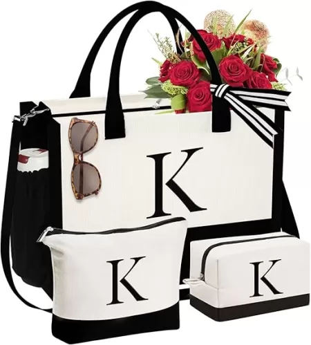YOOLIFE Initial Canvas Tote Bag & Makeup Bag, Birthday Gifts for Women Mom Sister Friends, Bridesmaid Wedding Gifts